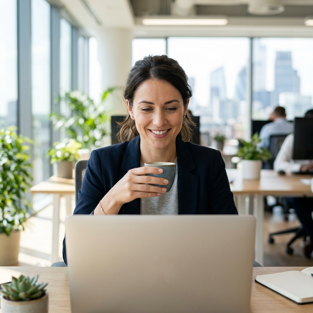 Empreendedora aliviada tomando café em frente ao computador